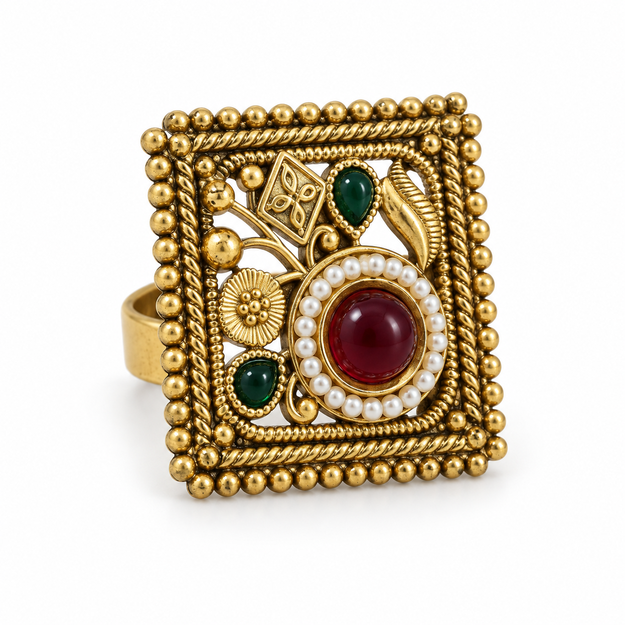 Gold-Tone Rectangular Floral Statement Ring