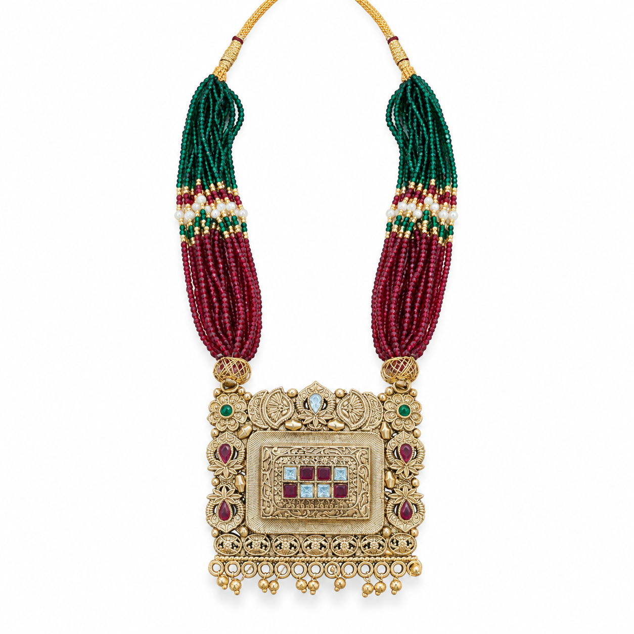 Antique Gold-Tone Multistrand Green & Wine Bead Necklace