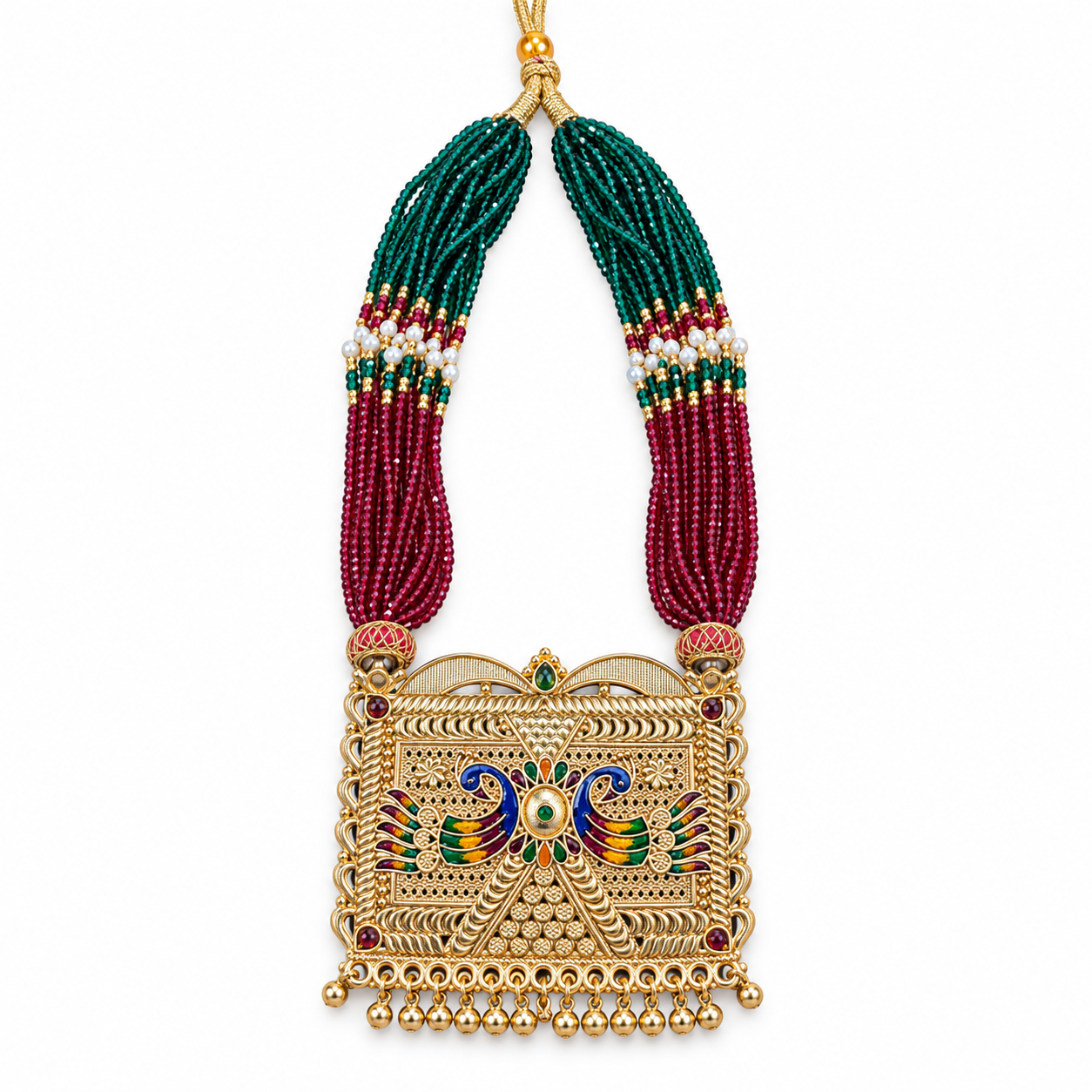 Peacock Pendant Gold-Tone Multistrand Green & Wine Bead Necklace
