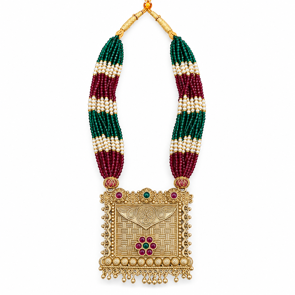 Antique Gold-Tone Multistrand Green & Wine Bead Necklace with Engraved Rectangular Pendant