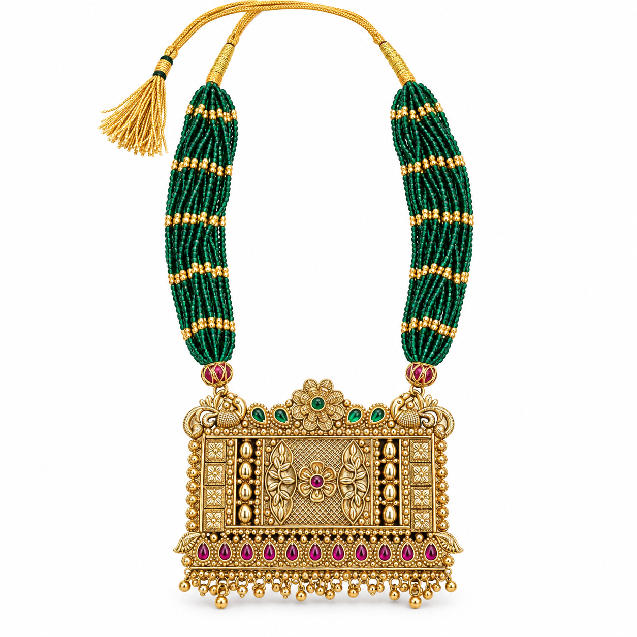 Antique Gold-Tone Emerald Green Multistrand Necklace with Floral Rectangular Pendant