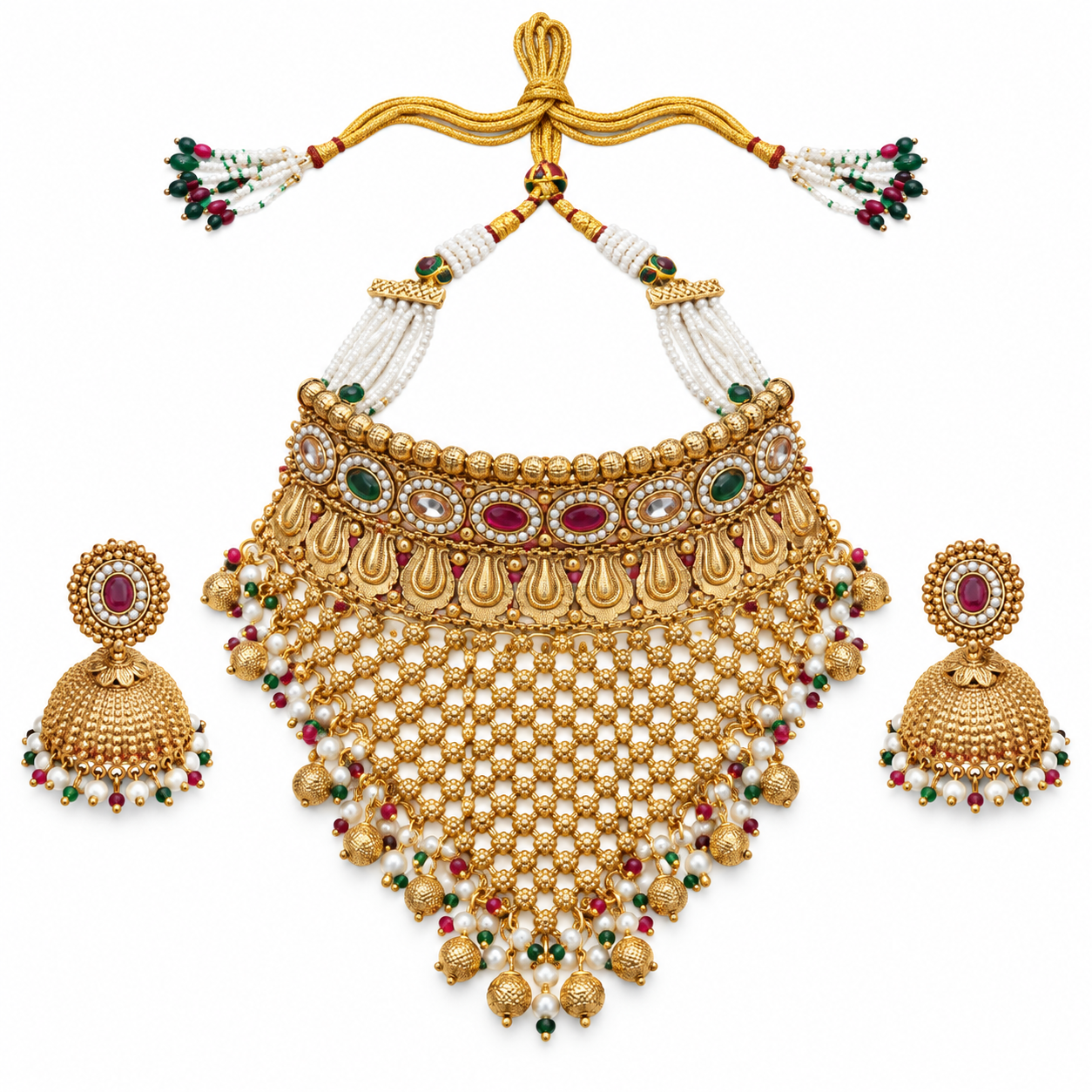 Antique Gold-Tone Stone Choker Necklace Set with Long Jaali Fringe & Jhumka Earrings