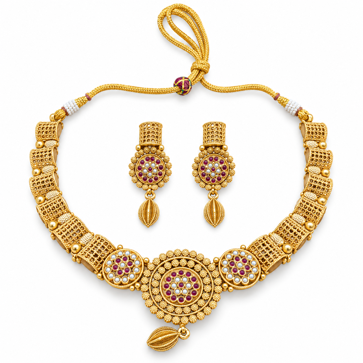 Antique Gold-Tone Round Medallion Necklace Set with Matching Leaf-Drop Earrings
