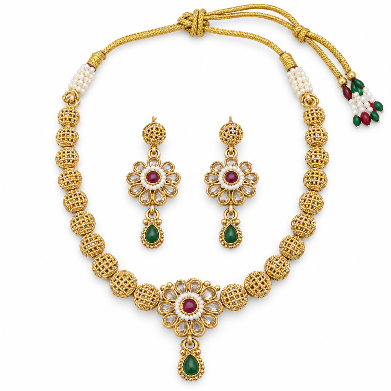 Antique Gold-Tone Floral Necklace Set with Matching Drop Earrings