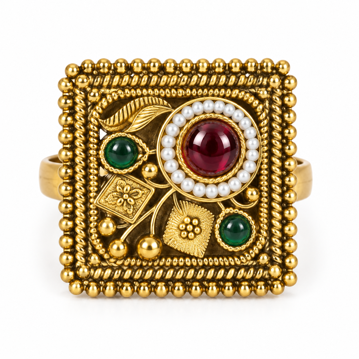 Antique Gold-Tone Square Statement Ring with Maroon & Green Stones