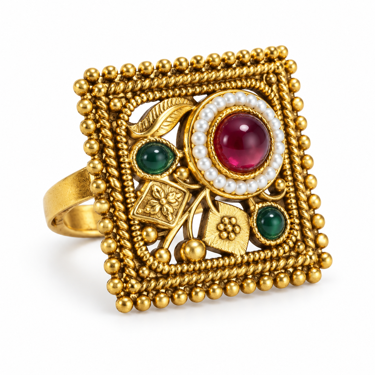 Antique Gold-Tone Square Statement Ring with Maroon & Green Stones