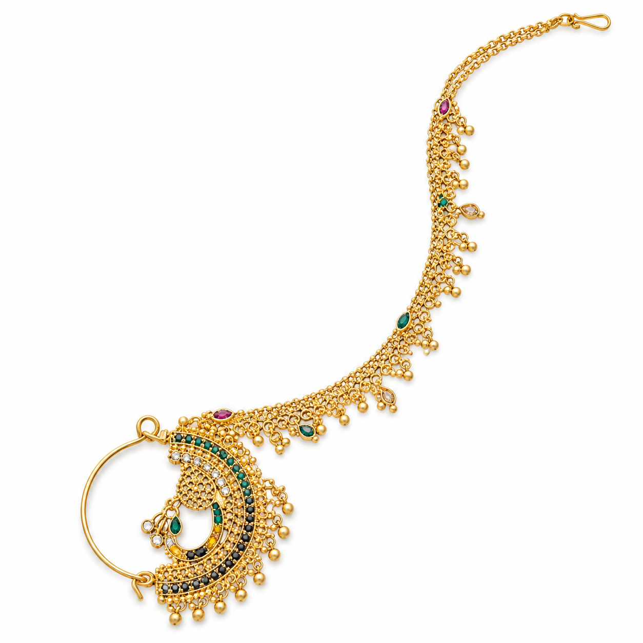 Antique Gold-Tone Bridal Nath with Chain & Multicolour Stone Work