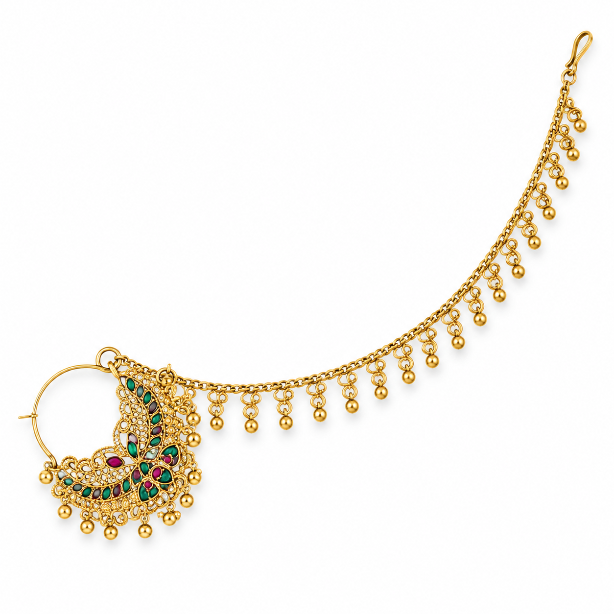 Antique Gold-Tone Bridal Nath with Decorative Chain & Multicolour Stones