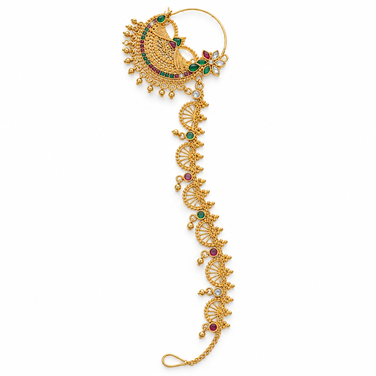Antique Gold-Tone Bridal Nath with Peacock Design & Decorative Chain
