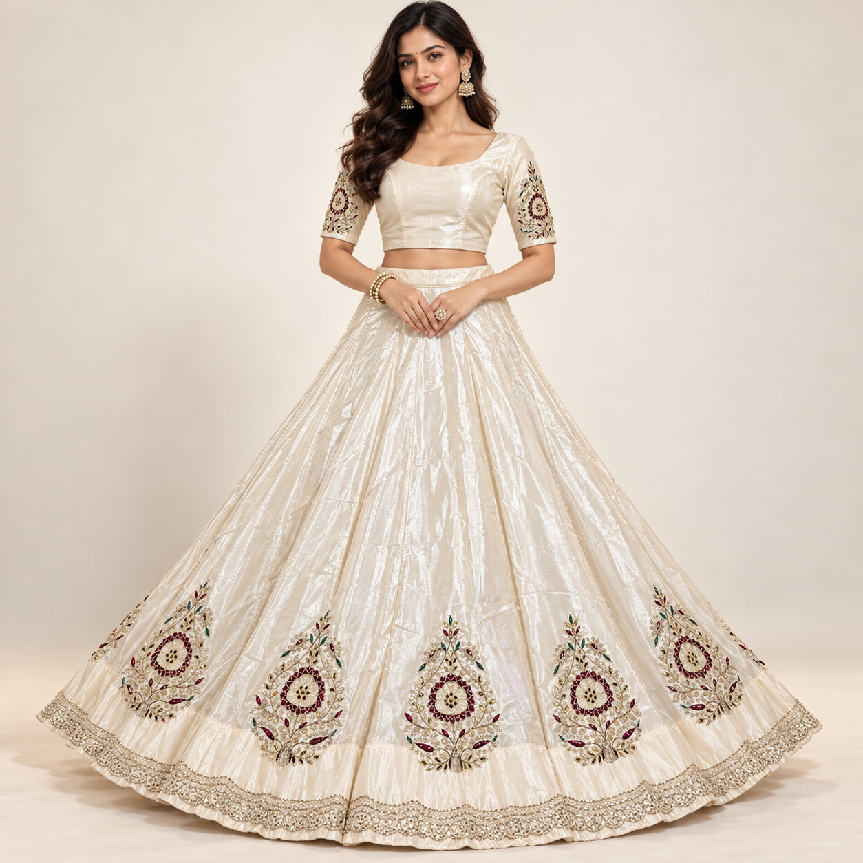 Ivory Floral Motif Lehenga with Embroidered Half-Sleeve Blouse