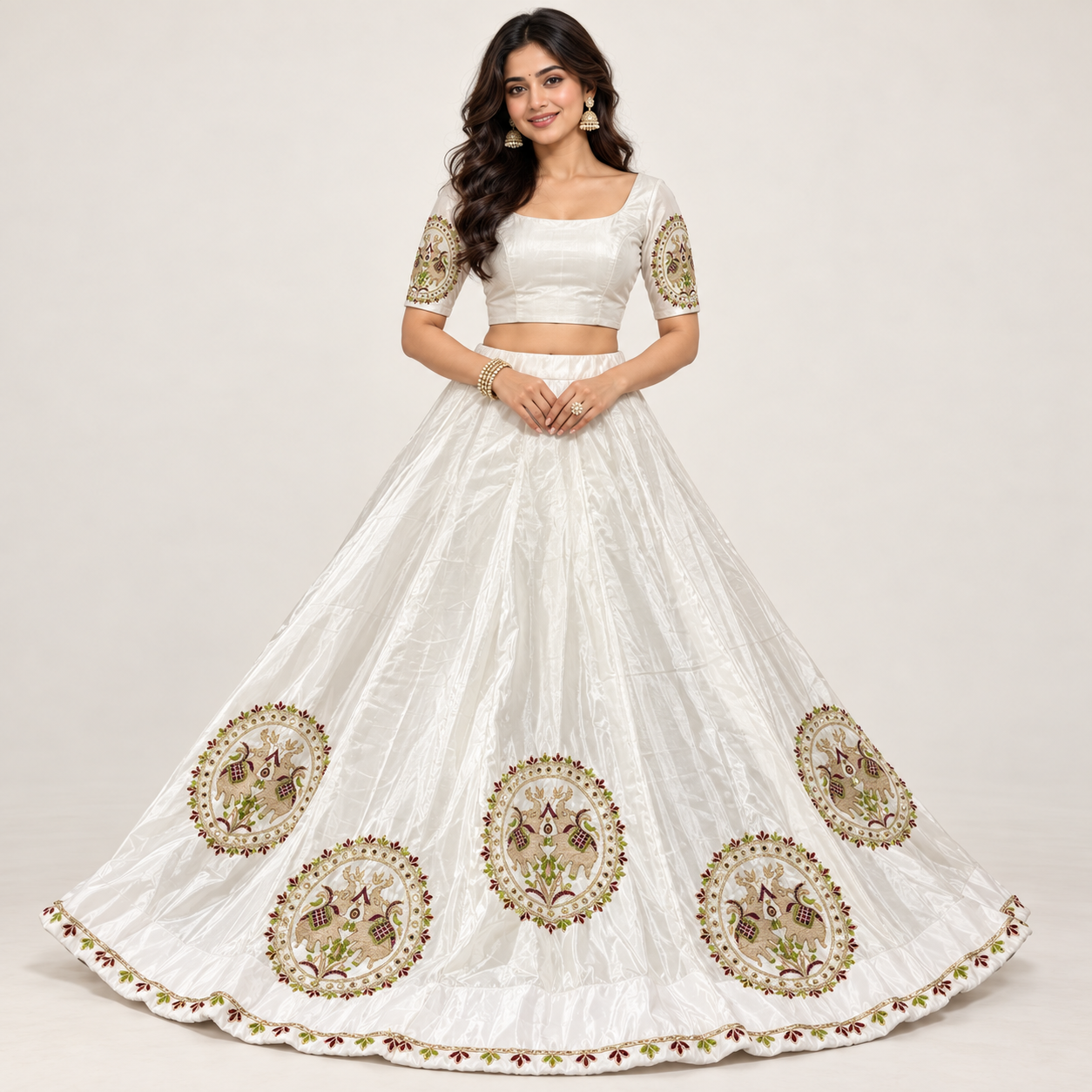 Ivory Elephant Motif Lehenga with Half-Sleeve Blouse