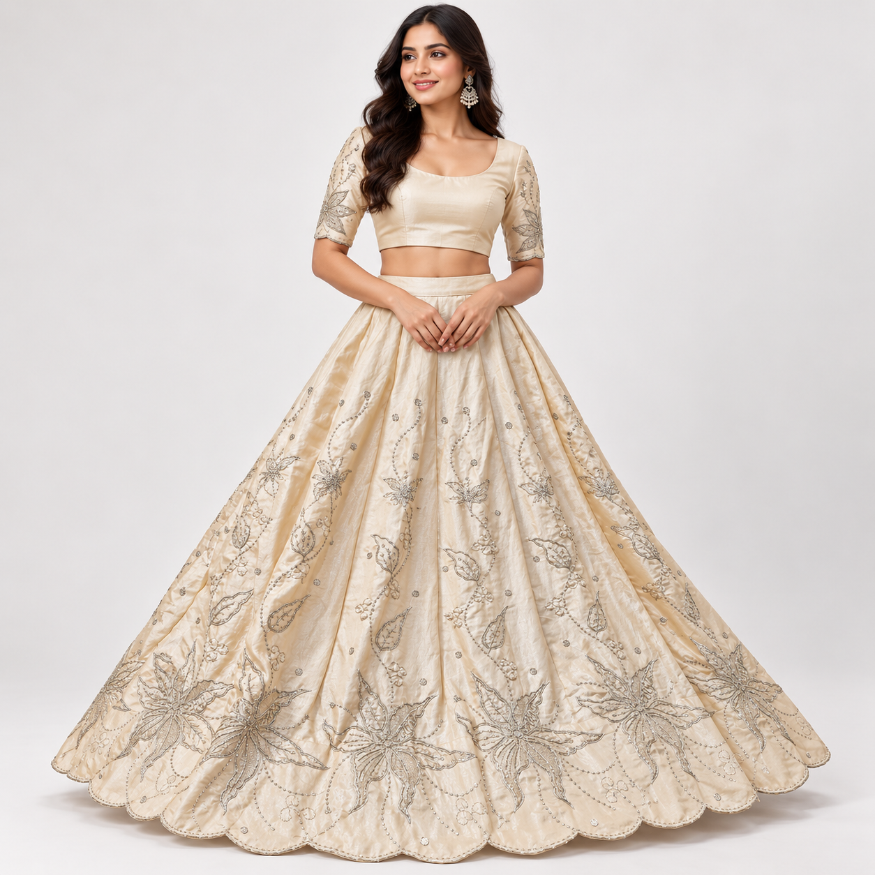 Champagne Ivory Silver Floral Lehenga with Half-Sleeve Blouse