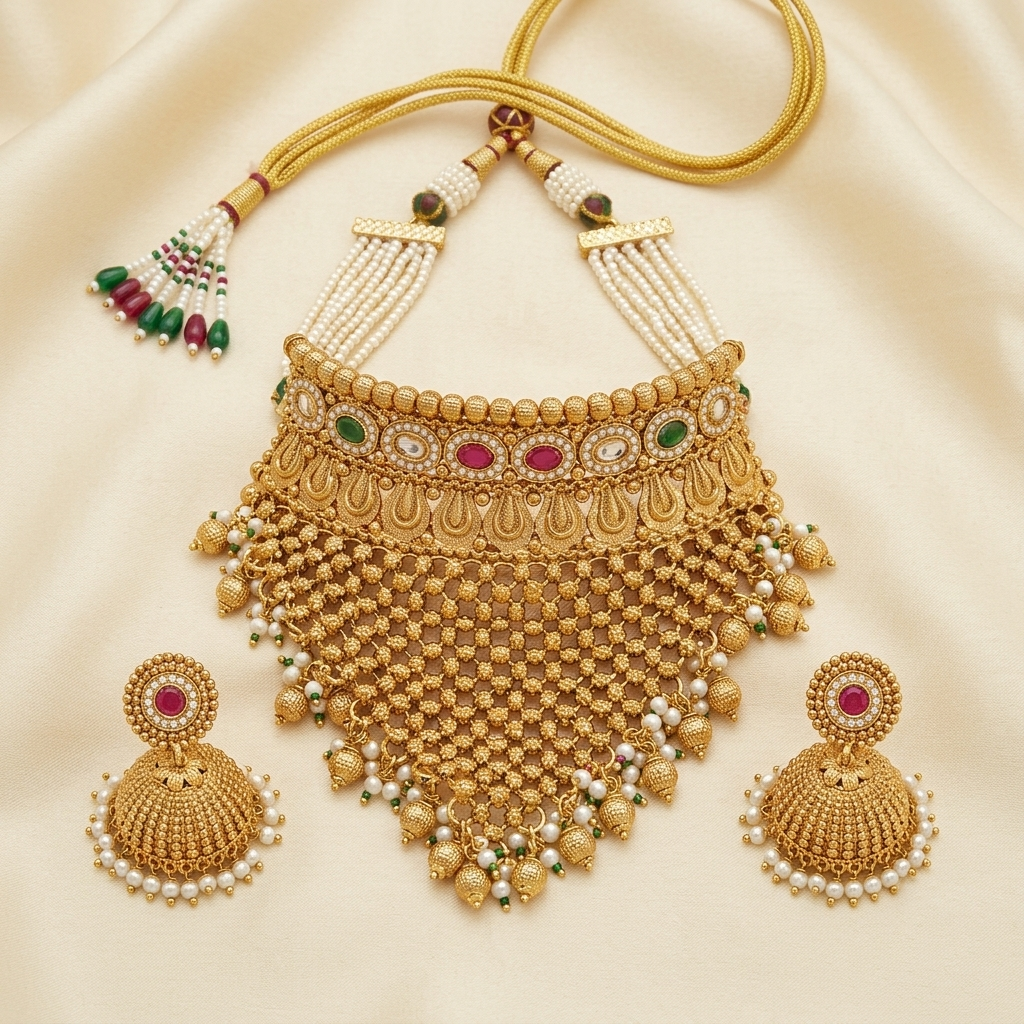 Antique Gold-Tone Stone Choker Necklace Set with Long Jaali Fringe & Jhumka Earrings