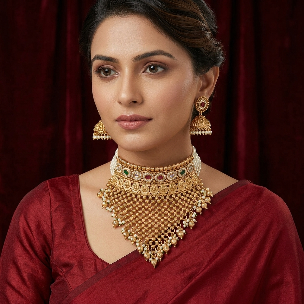 Antique Gold-Tone Stone Choker Necklace Set with Long Jaali Fringe & Jhumka Earrings