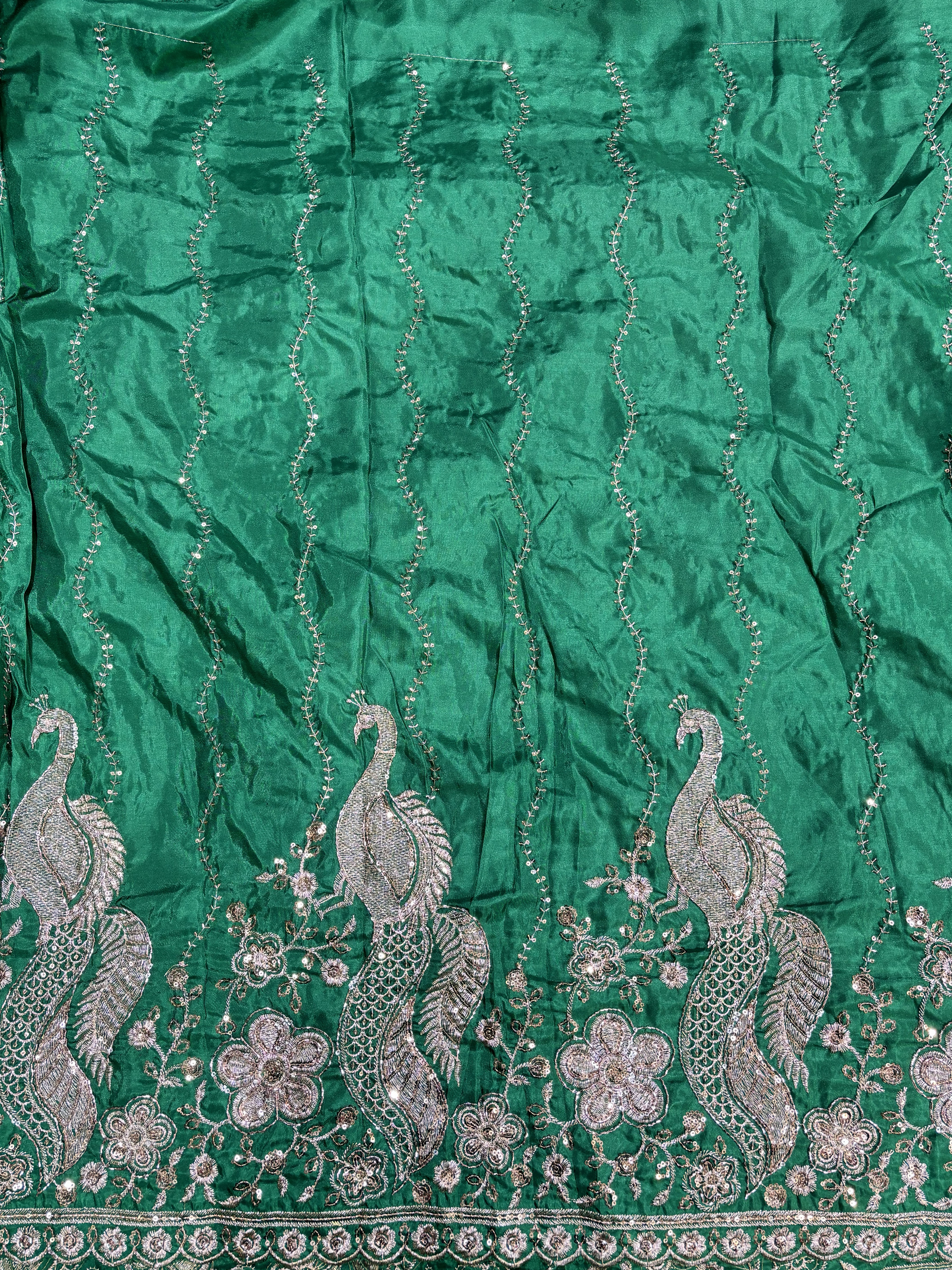 Premium Peacock Embroidered Designer Fabric with Sequin Work – Floral Border & Wave Pattern
