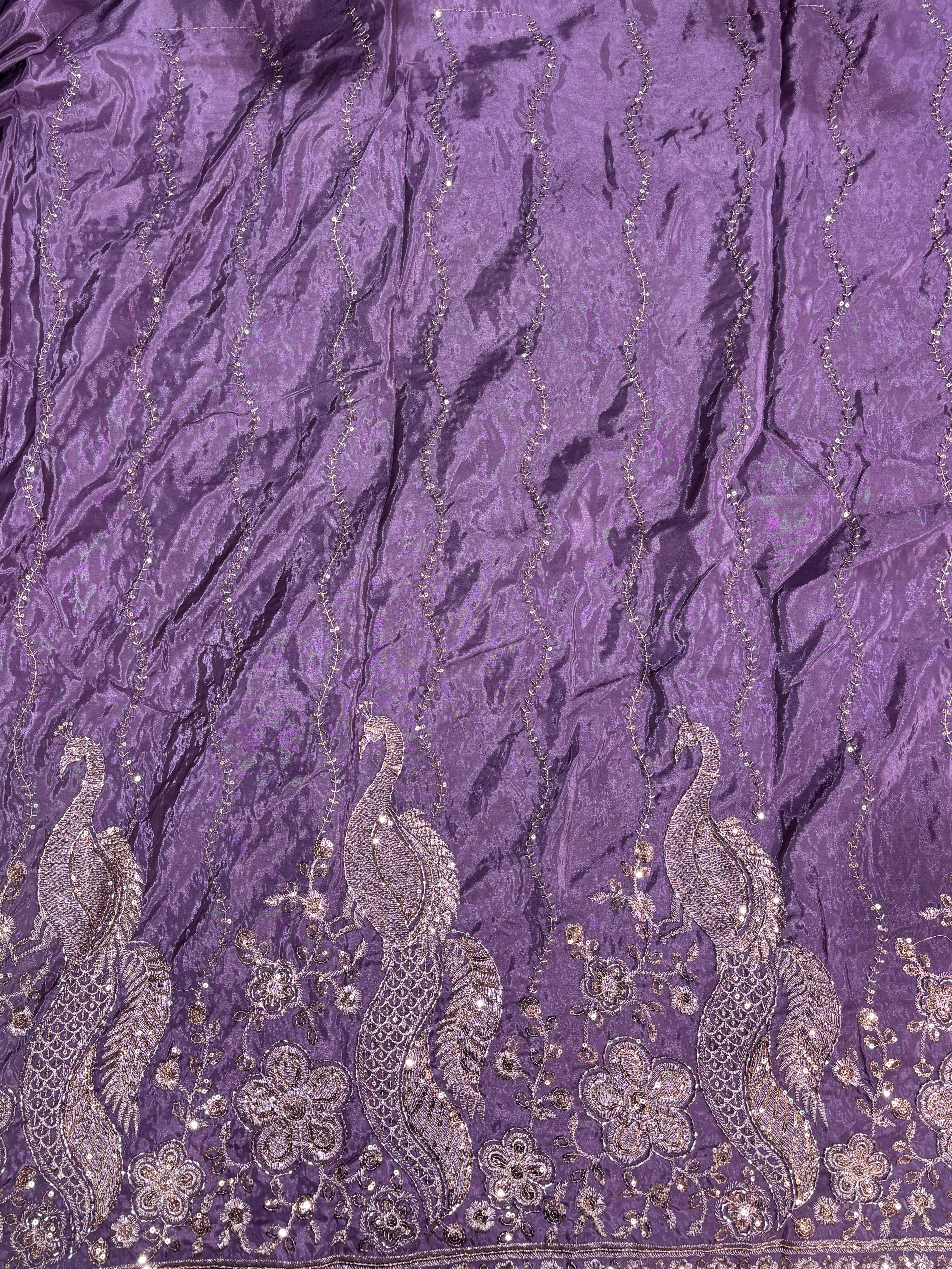Premium Peacock Embroidered Designer Fabric with Sequin Work – Floral Border & Wave Pattern