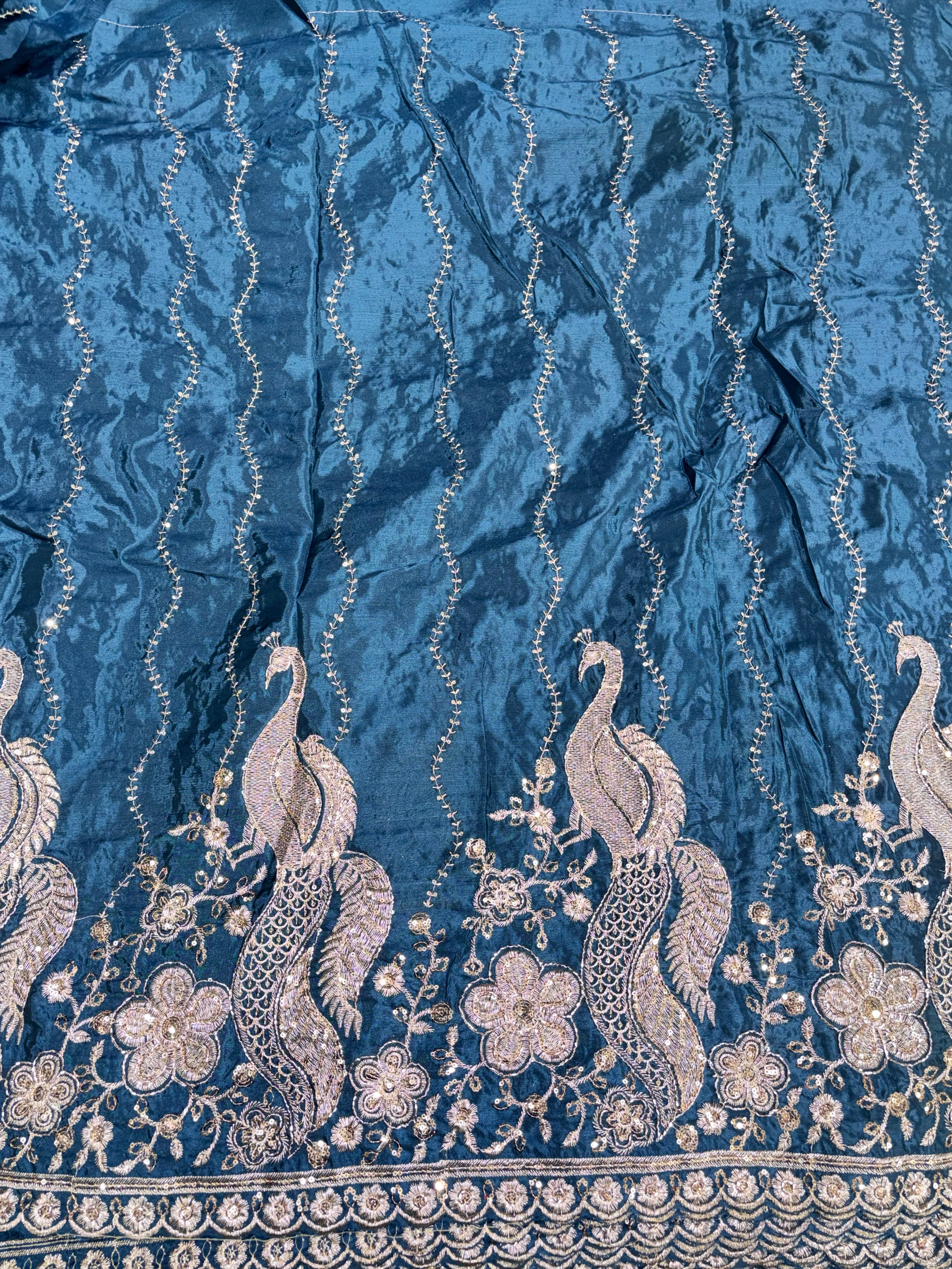 Premium Peacock Embroidered Designer Fabric with Sequin Work – Floral Border & Wave Pattern