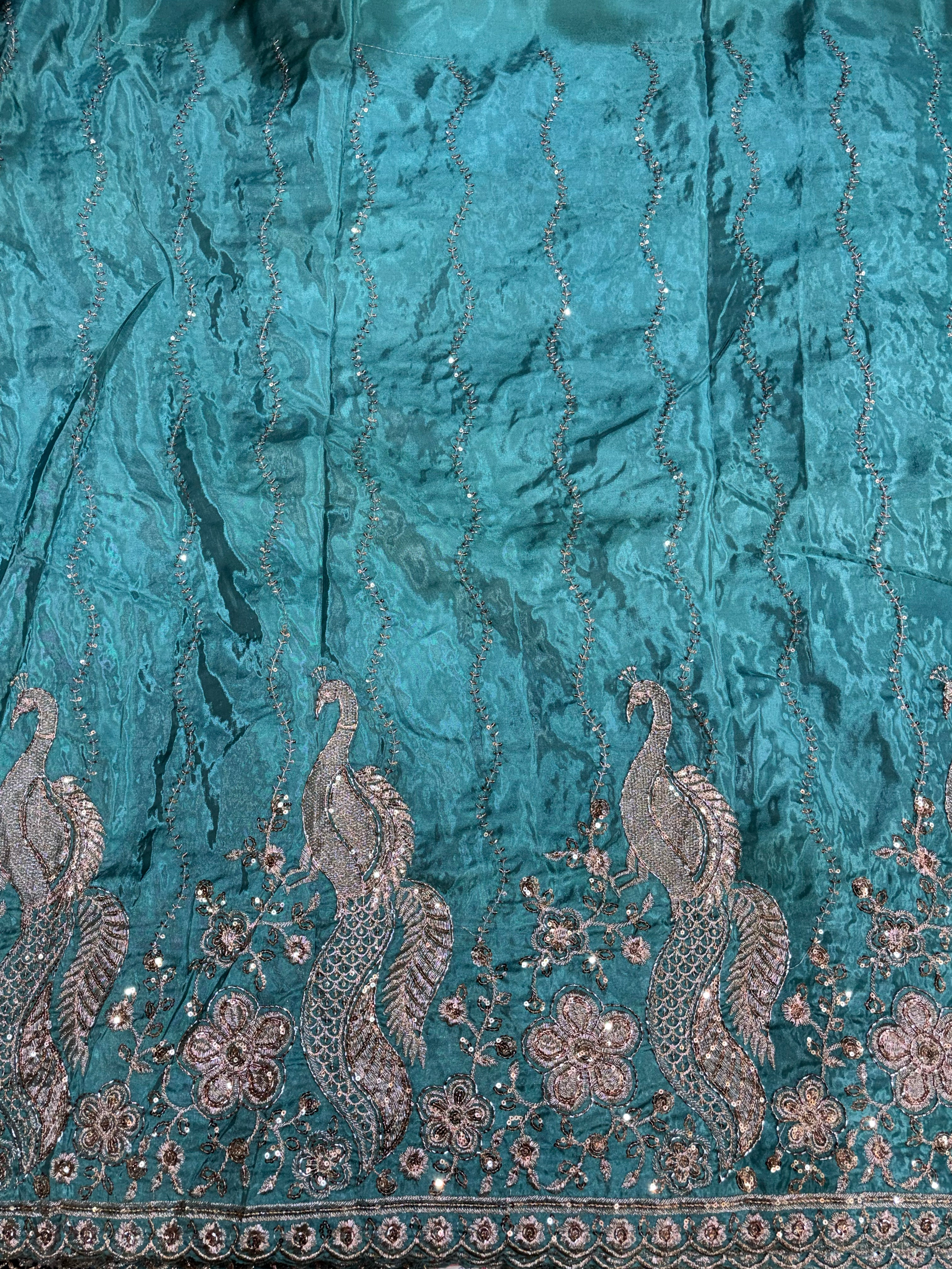 Premium Peacock Embroidered Designer Fabric with Sequin Work – Floral Border & Wave Pattern
