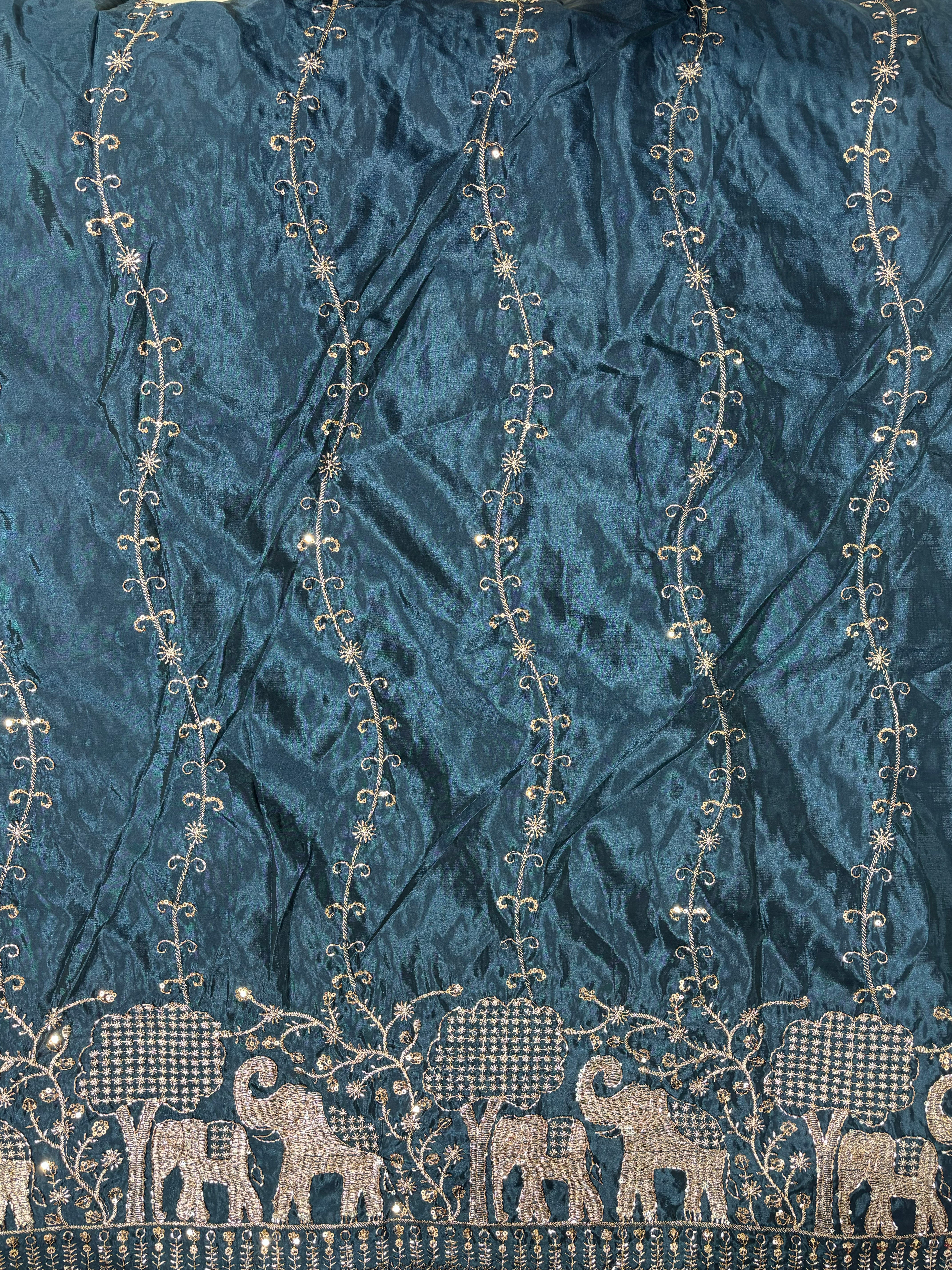 Premium Elephant Embroidered Designer Fabric with Sequin Work & Traditional Border