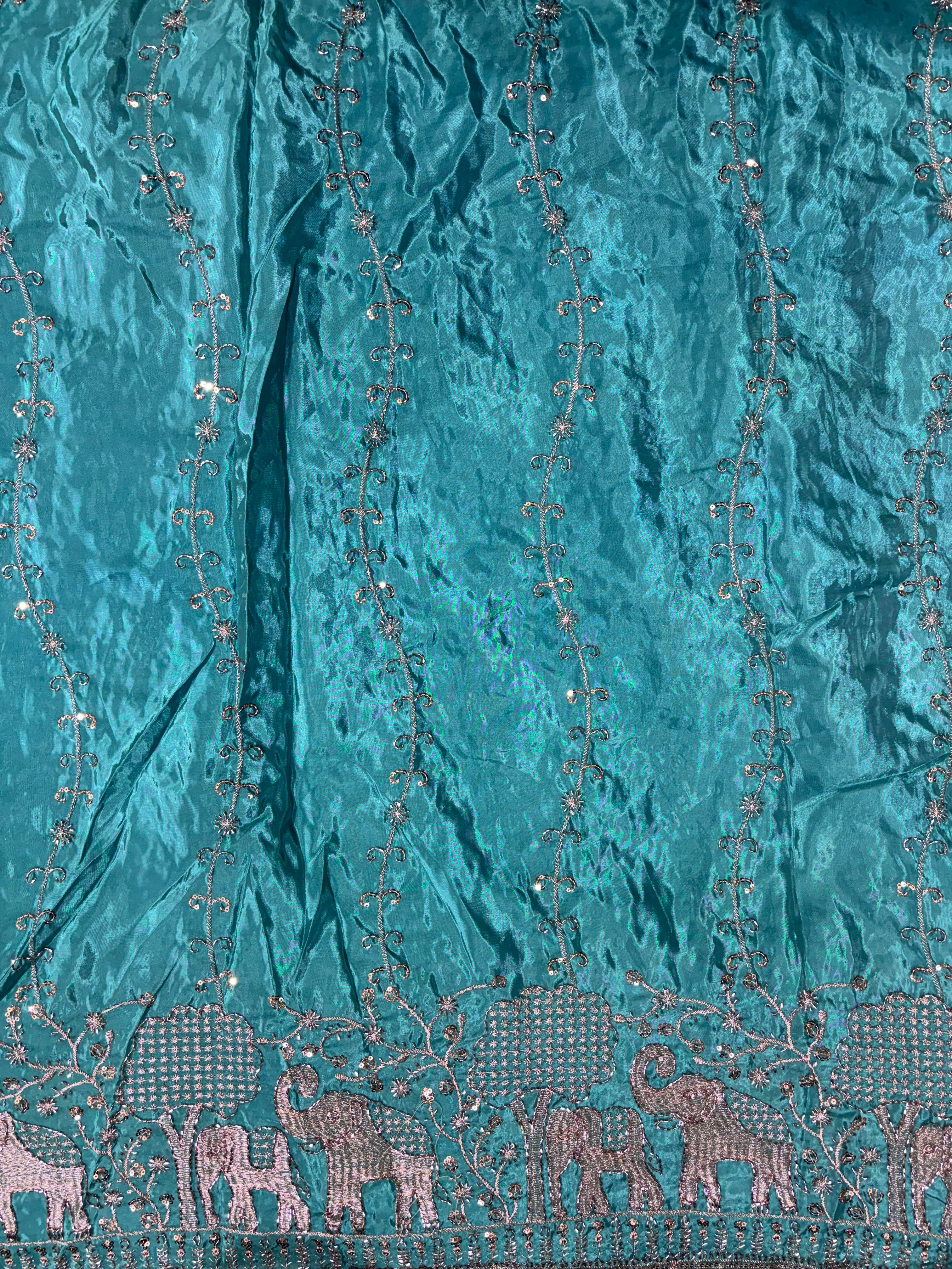 Premium Elephant Embroidered Designer Fabric with Sequin Work & Traditional Border