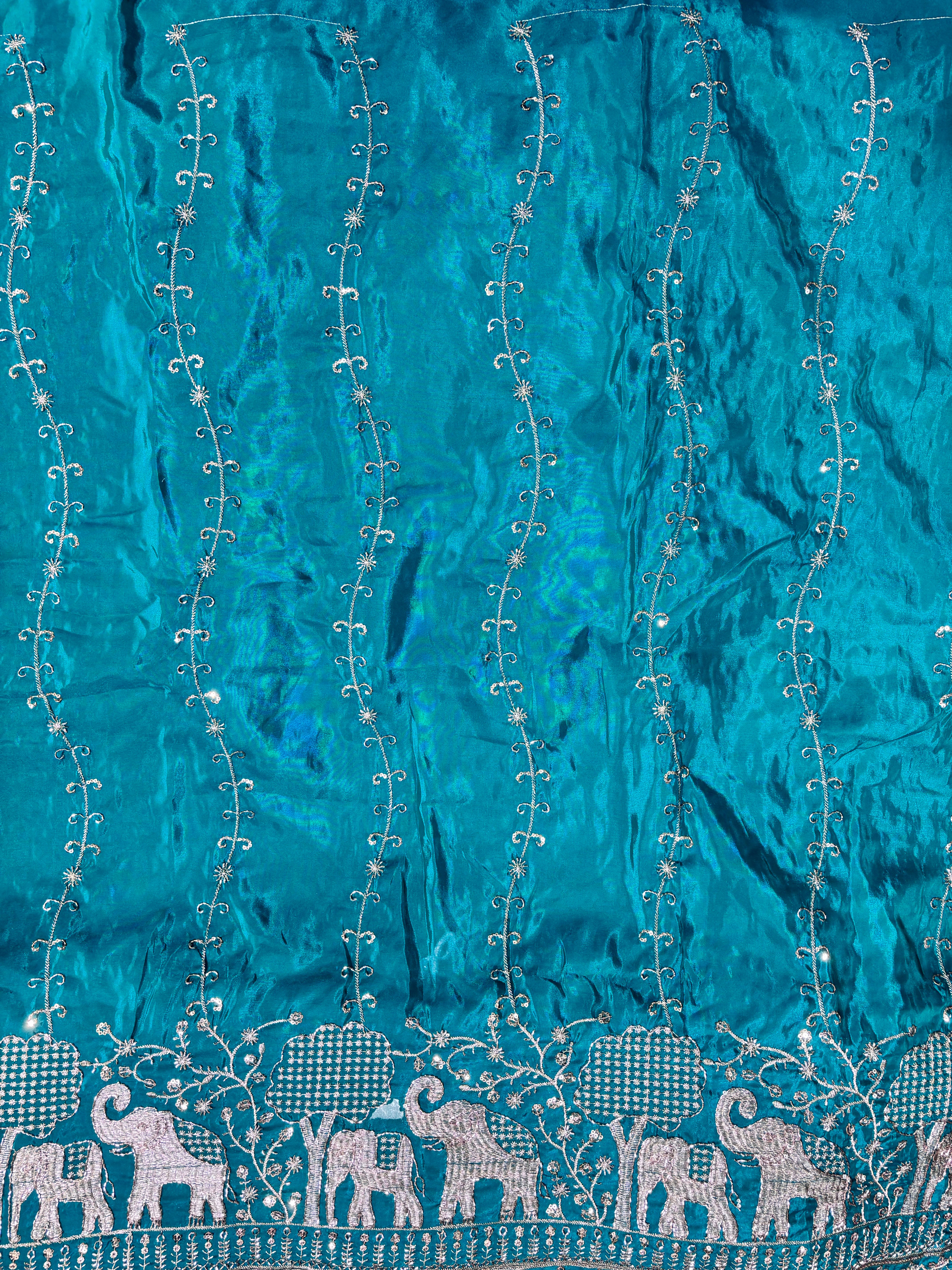 Premium Elephant Embroidered Designer Fabric with Sequin Work & Traditional Border