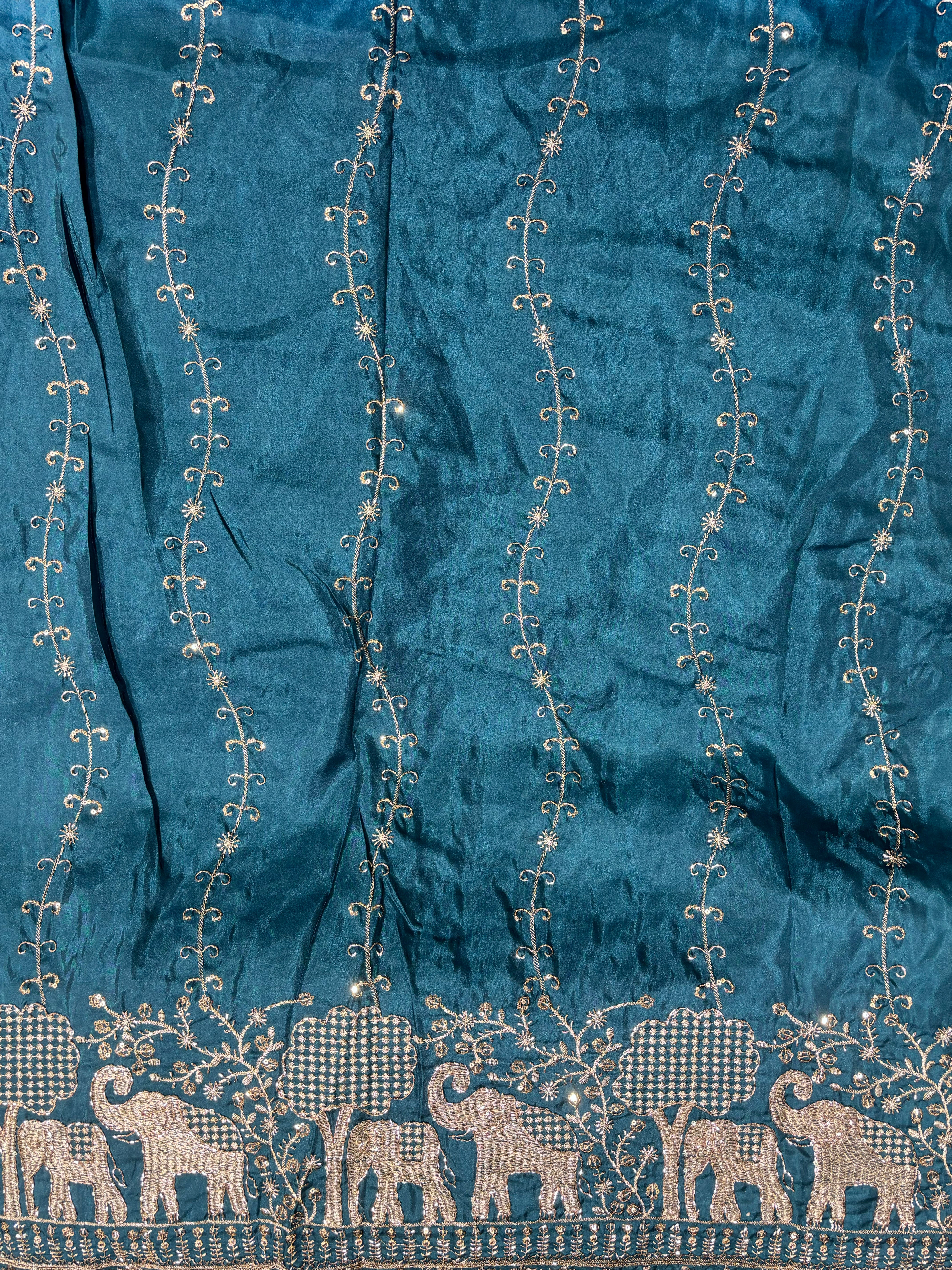 Premium Elephant Embroidered Designer Fabric with Sequin Work & Traditional Border
