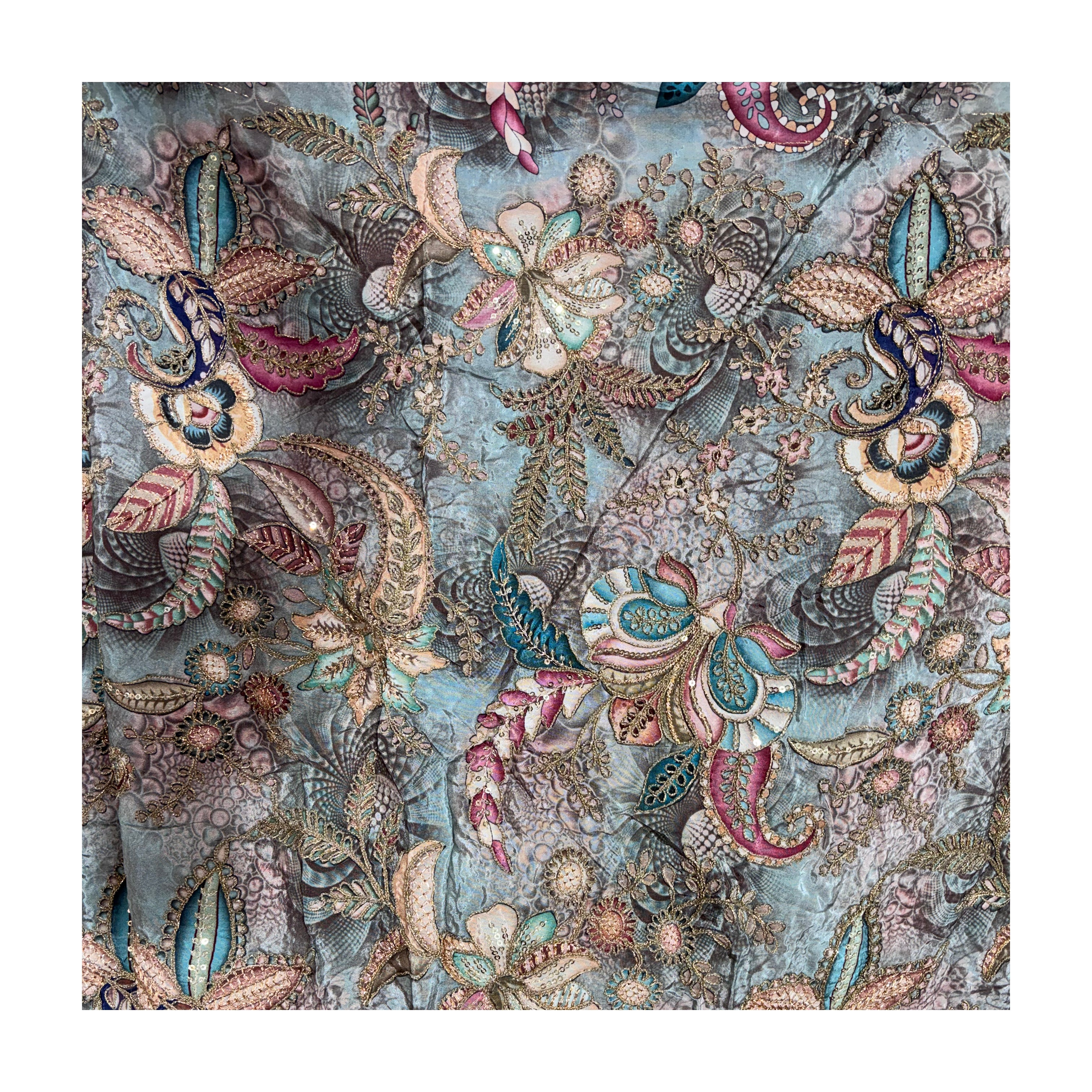 Floral & Paisley Embroidered Chiffon Lehenga Fabric | 4 Colors
